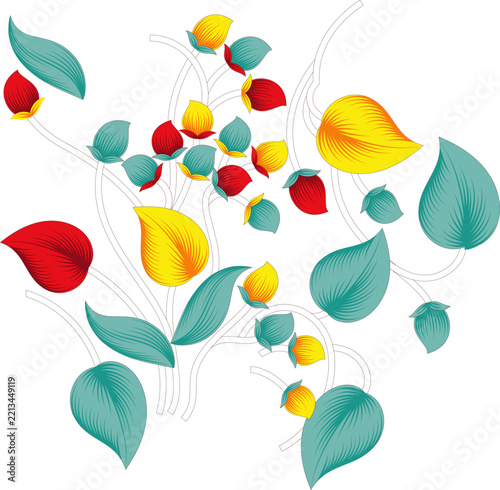 Red Yellow Teal Botanical Floral Illustration
