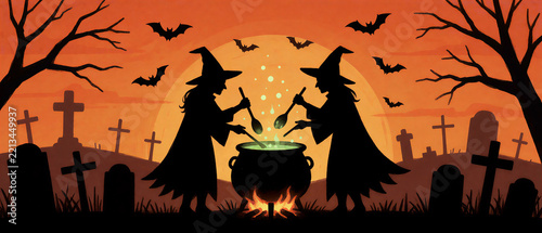 Silhouette of two witches brewing potion in cauldron at sunset