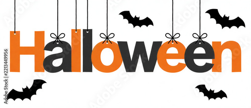 Hanging Halloween Letters with Bats on White Background