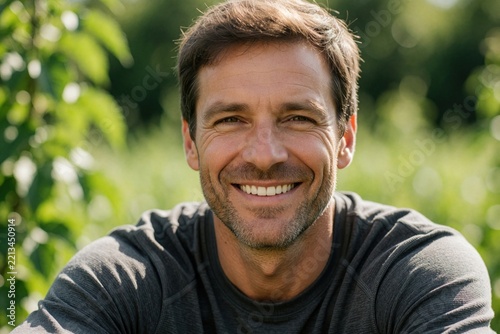 Confident middle aged farmer smiles at camera. Happy male worker in grey t-shirt pose in green field. Portrait of cheerful agriculturist with beard outdoors. Healthy lifestyle, organic farming