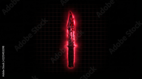 Glowing red silhouette of a bloody knife on a dark grid background