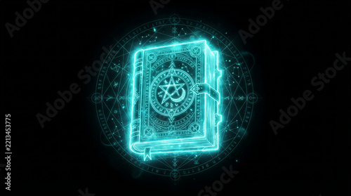 Mystical glowing spellbook with arcane symbols and celestial circle