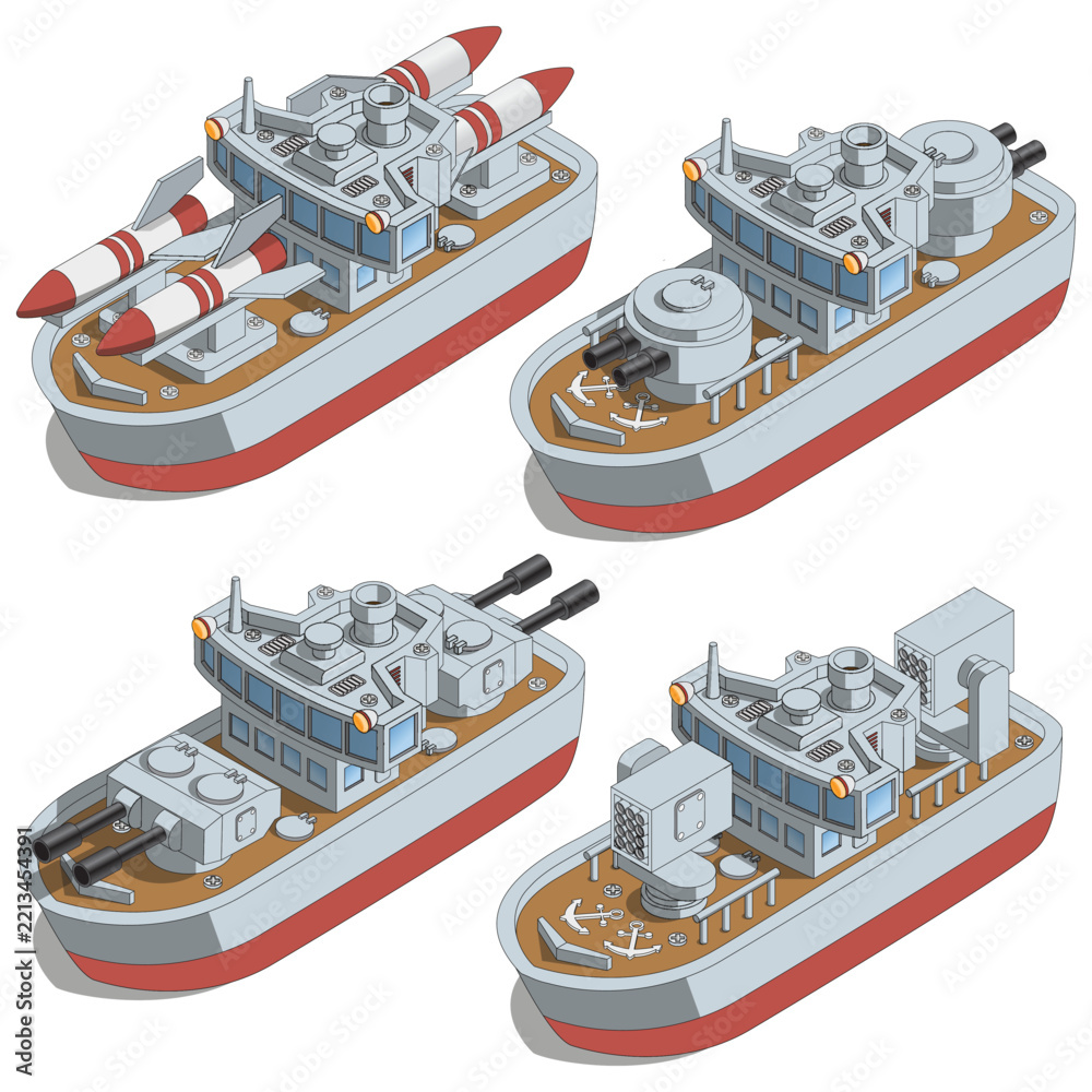 Fototapeta premium A set of warships. Isometric. Isolated on white background. Vector illustration.