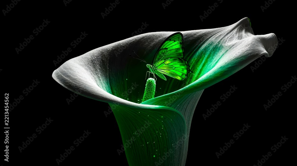 Fototapeta premium Emerald butterfly rests gently on calla lily