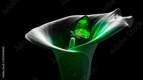 Emerald butterfly rests gently on calla lily