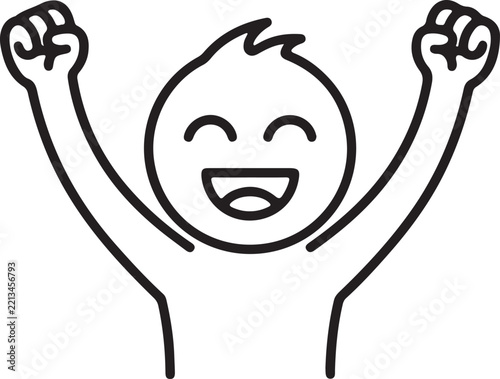 Line art illustration of a joyful person with arms raised in celebration triumph elation