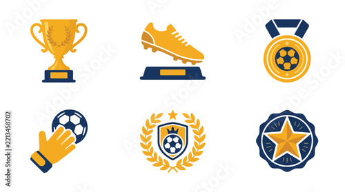 Collection of flat soccer and sports achievement icons in blue and gold.