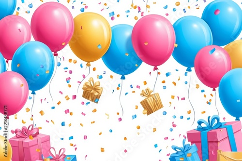 Happy birthday background with balloons and gifts on a white background Birthday party decoration, banner, or greeting card template, Generative AI