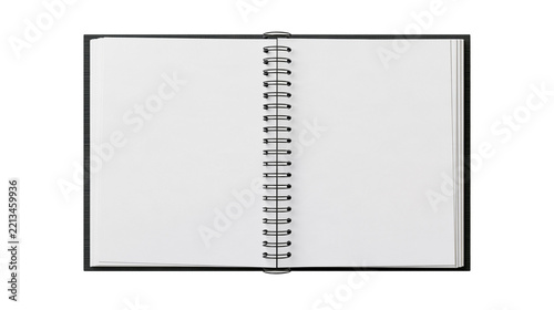 Isolated open blank spiral notebook with clean white pages for notes or drawing space.