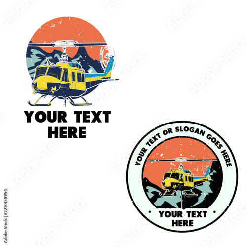 Vintage Helicopter Logo and Badge Template Set with Retro Sunset and Mountain Background Vector Illustration