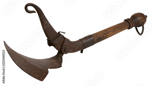 Fotografie Isolated antique rustic farming tool with a weathered wooden handle and a sharp