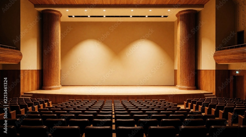Fototapeta premium Empty auditorium stage with warm spotlight in elegant hall. Wooden columns, luxury interior design. Rows of black seats face grand concert stage. Large lecture hall theater room for music