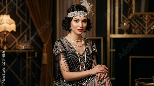 Elegant Flapper Woman 1920s Style, Beaded Dress, Pearl Necklace, Feather Headband