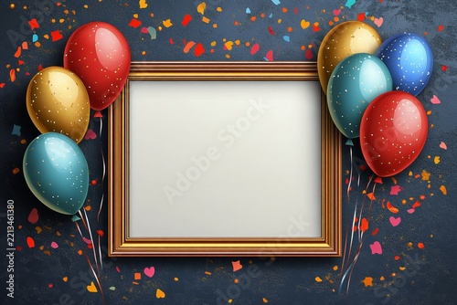 White blank paper with a golden frame, balloons, and confetti on a dark background for celebration or party design illustration, Generative AI