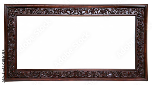 Isolated elaborate dark brown carved wooden picture frame with antique baroque ornamental details