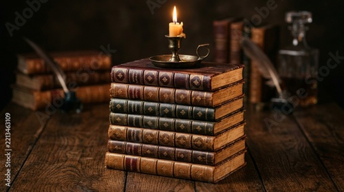Old Books Stacked with Candlelight and Quill Pen, Vintage Library Scene