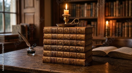 Antique Books, Candlelight, Quill Pen & Inkwell in Vintage Library