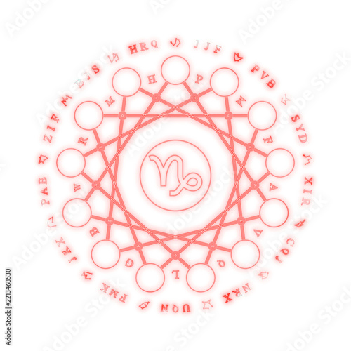 Red and turquoise glowing 13 point star magic sigil