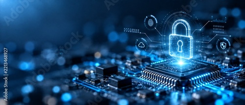 Digital security padlock icon glowing on a computer microchip circuit