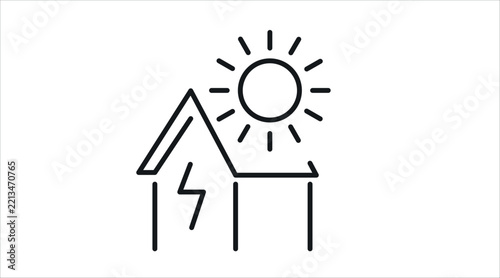 Eco house with lightning bolt electricity and sun vector icon. Black line art style on white background. Clean outline solar powered residential home for energy efficiency, smart grid, and green power