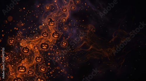 Halloween pumpkins glowing in dark smoke with orange sparks floating