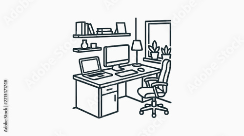Professional dual monitor home office workspace with ergonomic chair and shelving
