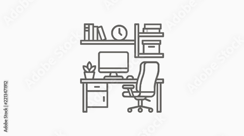 Professional Home Office Workspace with Computer and Bookshelf Setup