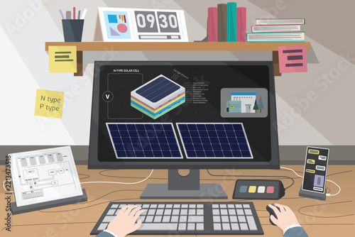 Working with Solar cell systems, Solar Cell Energy, Green Energy in simple graphic