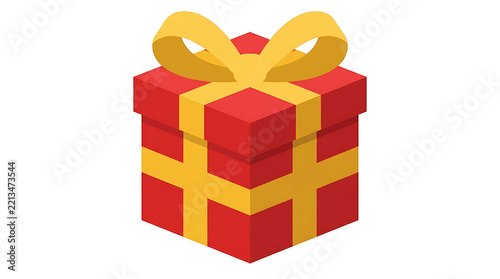 A simple red gift box with a yellow ribbon bow isolated on white background.