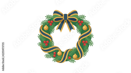Decorative Christmas wreath with green pine branches, red berries, gold ornaments and blue ribbon.