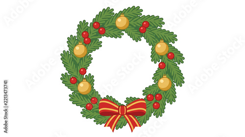 A festive Christmas wreath decorated with red berries, golden baubles, and a red bow.