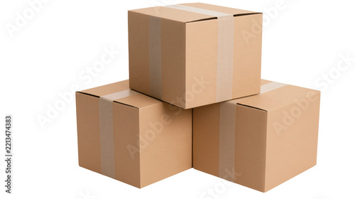 Isolated stack of three brown cardboard shipping boxes taped for secure delivery and storage