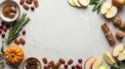 Autumn harvest ingredients arranged as a festive border on a light textured background with thanksgiving cinnamon cranberries rosemary seasonal background