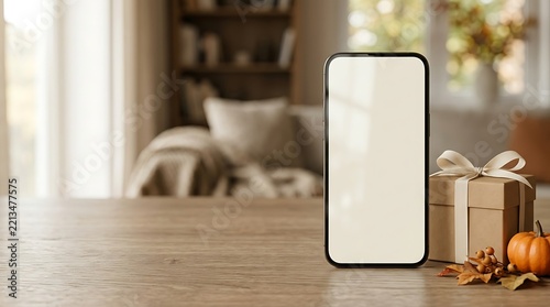 Smartphone with blank white screen on a wooden table next to a wrapped gift and a small pumpkin smartphone technology seasonal shopping ecommerce marketing