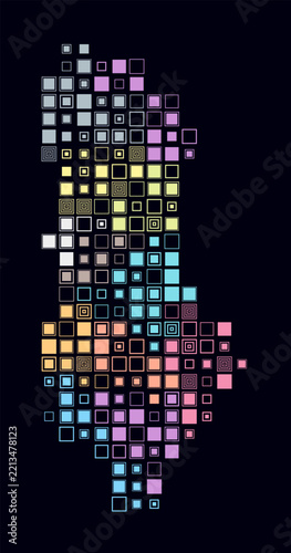 Albania, shape of the country build of colored cells. Digital style map of the Albania on dark background. Large size square blocks. Awesome vector illustration.