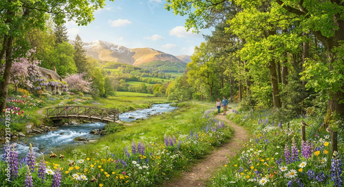 Couple walking along scenic path in lush green summer forest.