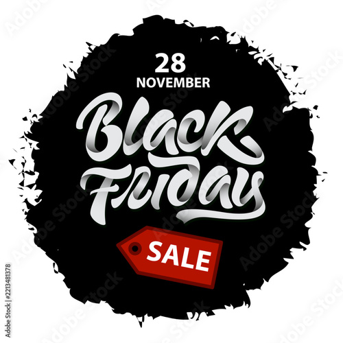 Black Friday sale announcement with date and calligraphy on a black splatter background