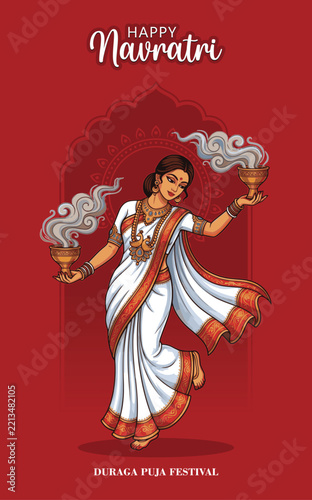Indian woman performing dhunuchi dance for Navratri Durga Puja festival poster.