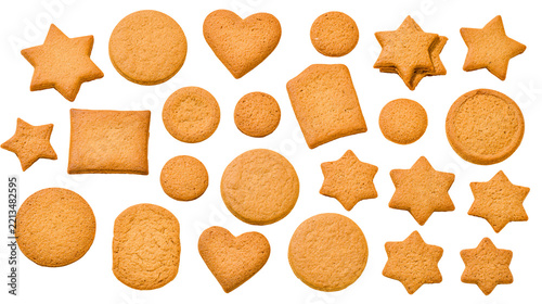 Isolated assortment of crispy gingerbread cookies in various shapes for Christmas and festive baking