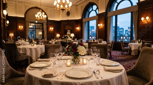 Premium restaurant dining area inside a luxury hotel with elegant table settings and sophisticated architectural interior, spacious composition designed for marketing layouts, ultra realistic, premiu