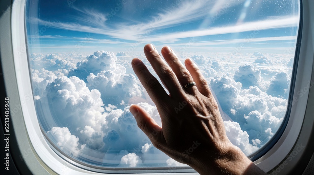 Fototapeta premium Passenger hand touches airplane window looking at white clouds. Man with ring views sky from plane cabin during flight. Aerial view of fluffy cloudscape above blue atmosphere. Travel concept about