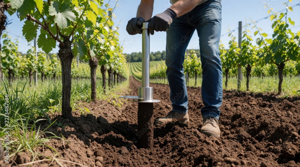Fototapeta premium Farmer uses metal soil sampler tool in vineyard. Man extracts dirt core from ground for agriculture research. Pro worker performs soil testing in grape field to check land fertility, crop health.