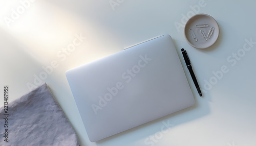 Overhead View of Minimalist Desk with Laptop and Pen on Ash Wood