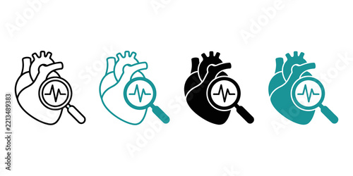 Human heart diagnostic icons with magnifying glass linear and solid variants for medical research and cardiology health branding.