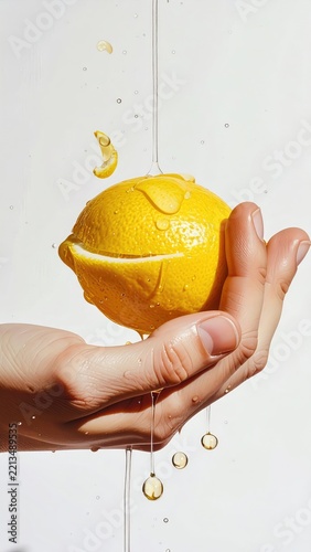A hand holds a sliced lemon with water droplets and a splash