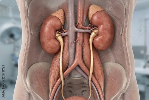 Detailed 3D Medical Illustration of Human Kidneys and Urinary System Anatomy in Abdominal Cavity