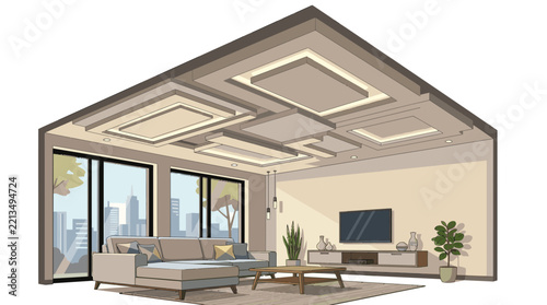 Modern Living Room Interior Illustration with Recessed Ceiling Lighting