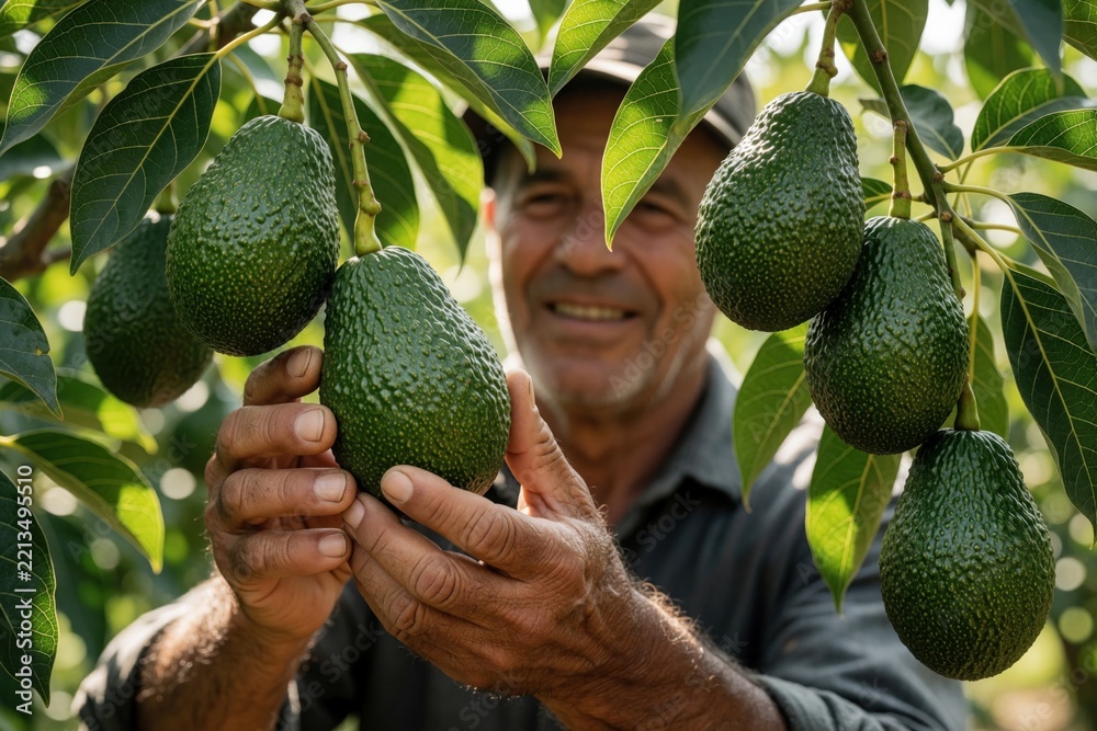 Fototapeta premium Smiling male farmer harvests ripe green avocados from tree in organic orchard. Close up of worker hands picking fresh fruit for agriculture market. Healthy tropical produce grows on plantation branch