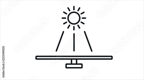 Solar tracker panel with sun rays vector icon. Black line art style on white background. Clean outline adjustable photovoltaic system on mounting axis for sun tracking infrastructure