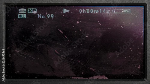 Static light on dusty, smudged MiniDV display, grunge overlay, 4k video overlay via blend mode.